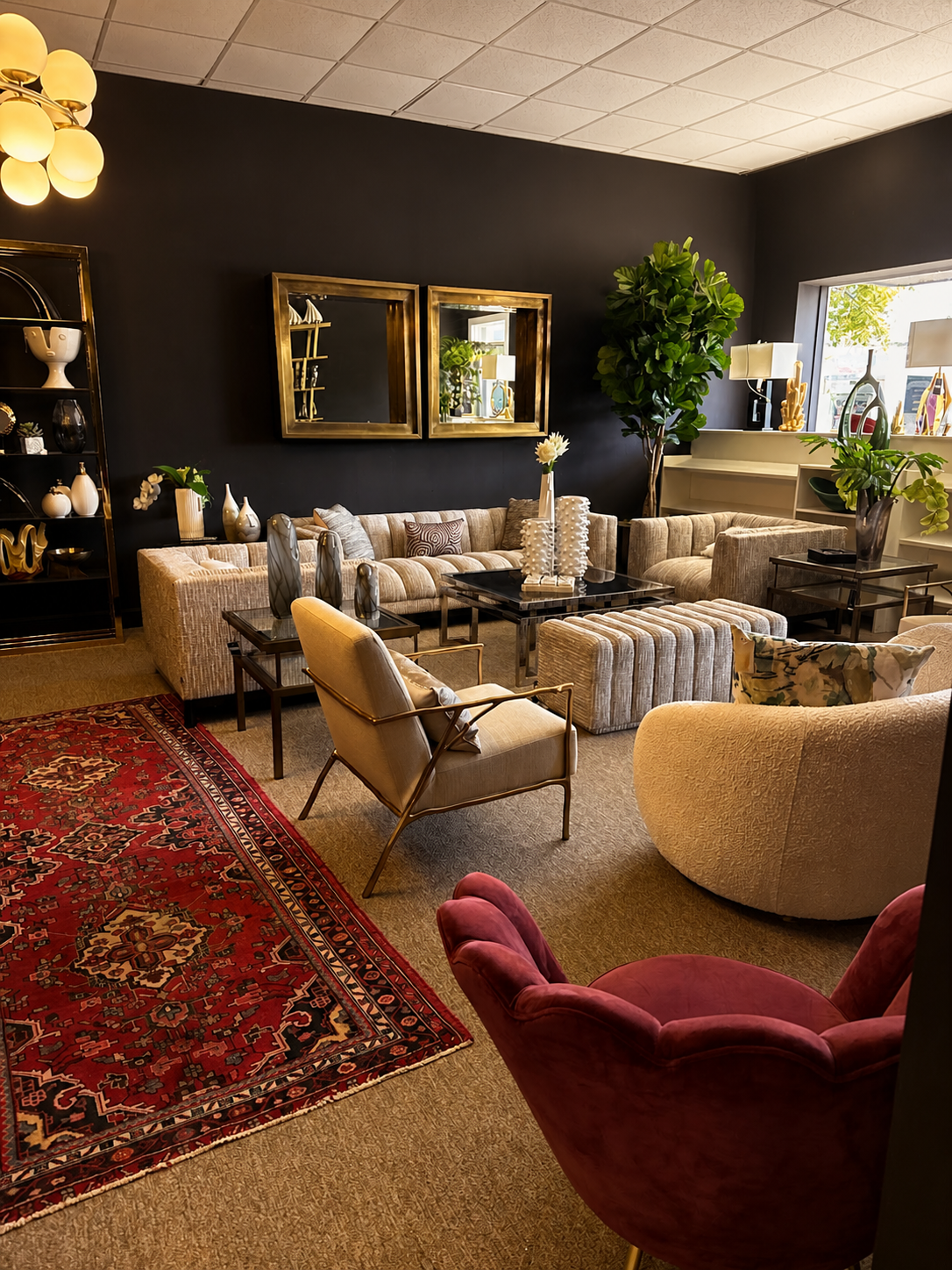 Refined furniture and rug interior available through Diamond Rug Gallery