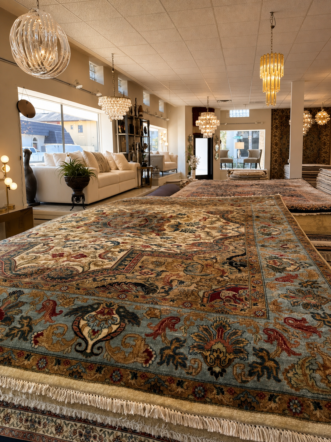 Blue handmade rug displayed among the Diamond Rug Gallery showroom collection