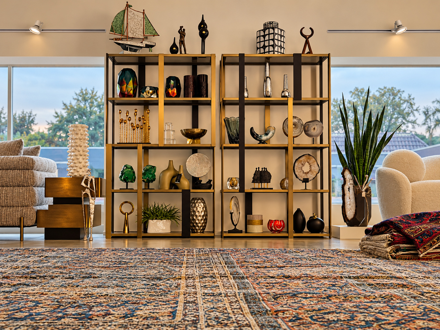 Furniture, accessories, and a patterned rug arranged in the Diamond Rug Gallery showroom