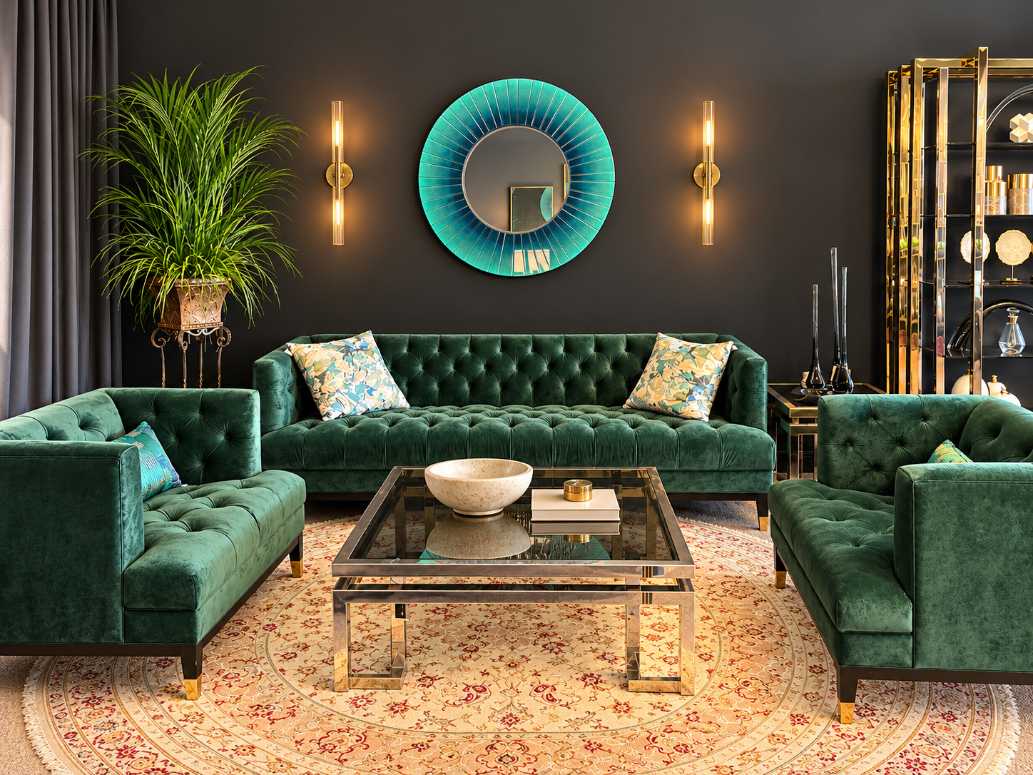 Green velvet seating and a traditional area rug in a refined showroom setting