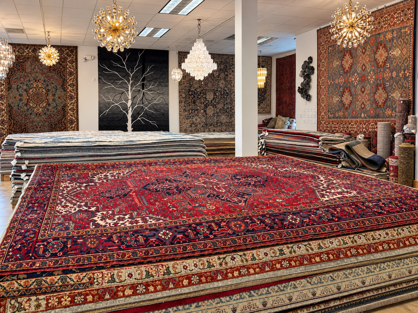 Detailed red Oriental rug displayed with additional rug selections in the showroom