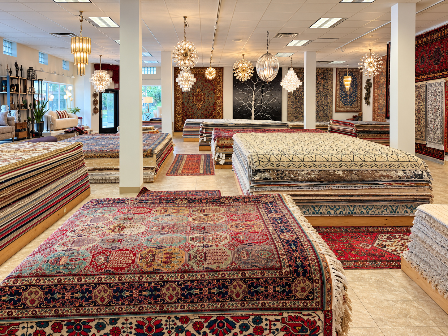 Wide view of handmade and machine-made rugs displayed throughout the Orlando showroom