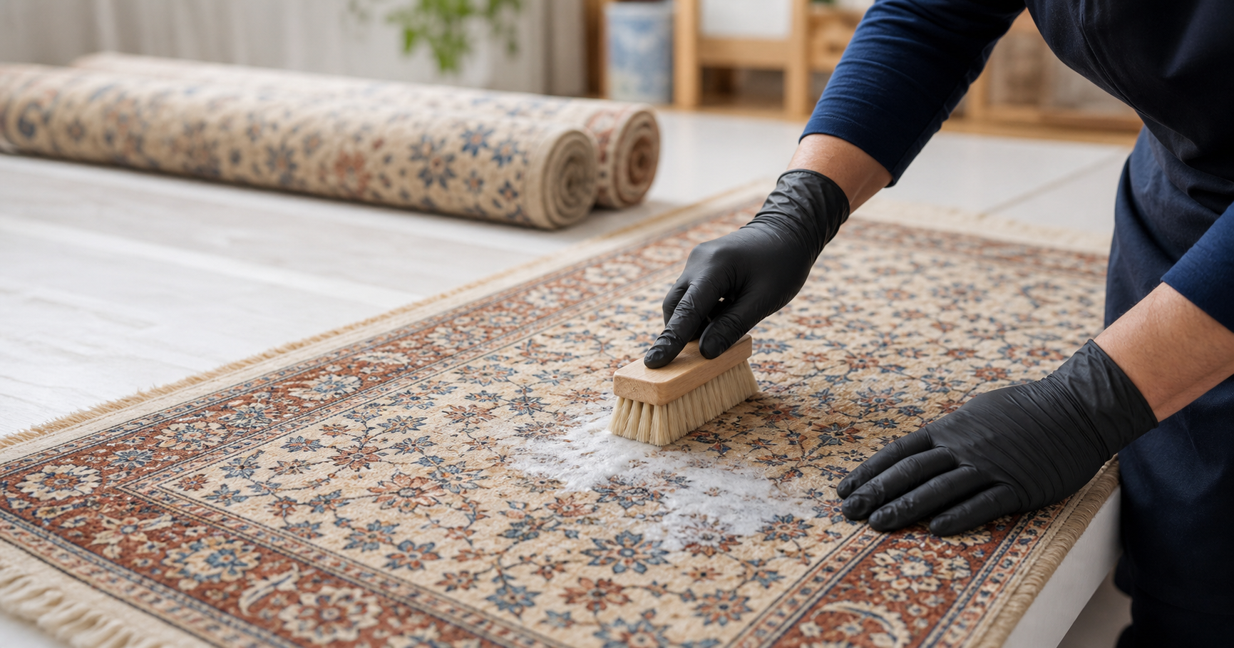 Careful professional cleaning of a detailed area rug