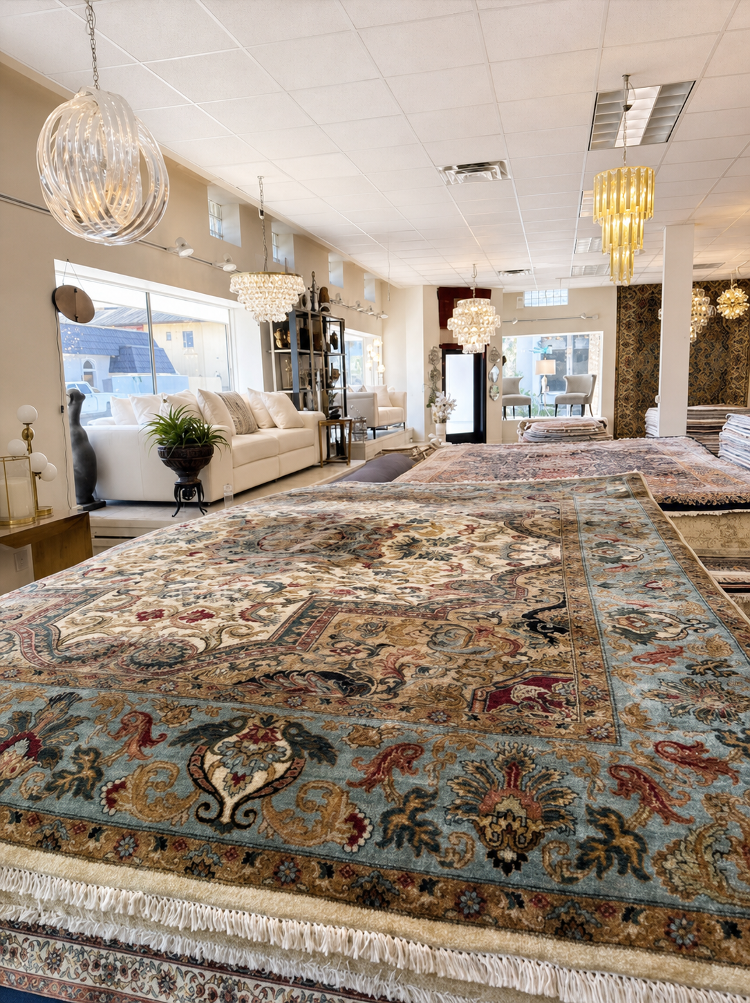 Handmade rugs displayed inside the Diamond Rug Gallery Orlando showroom